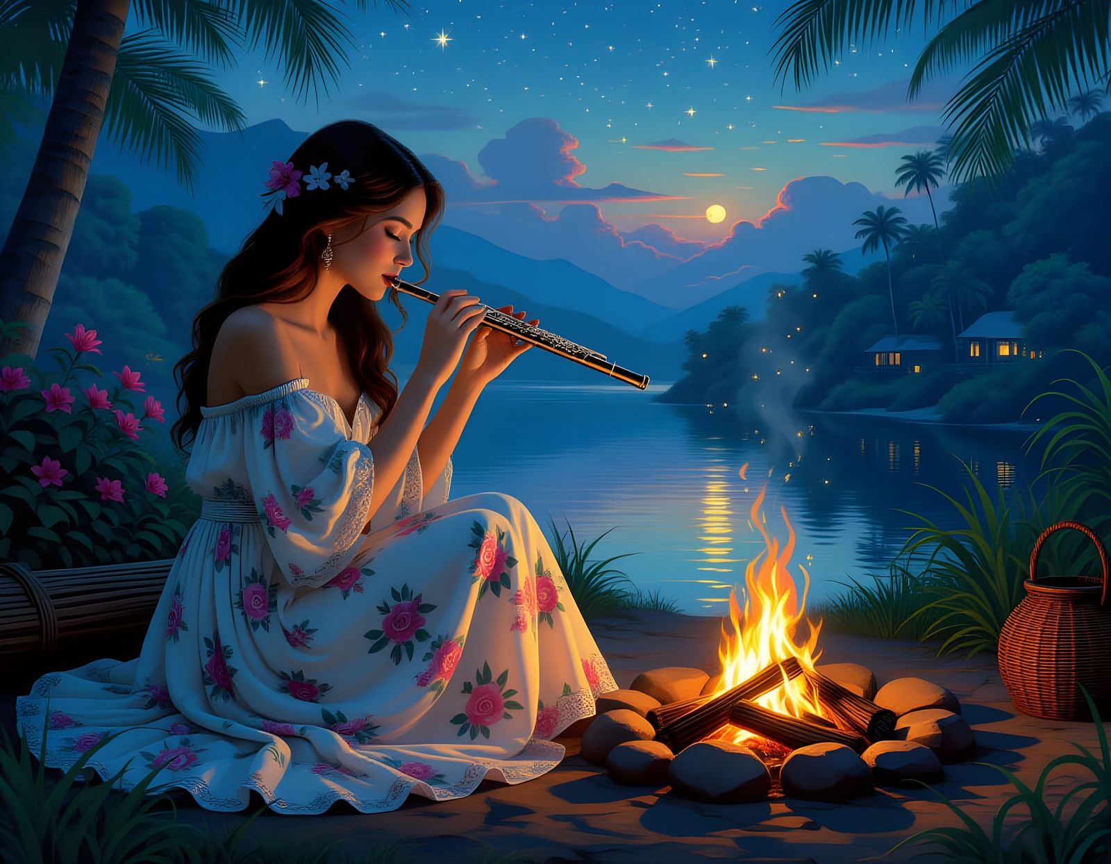Woman Plays Flute by Campfire Under Starry Sky