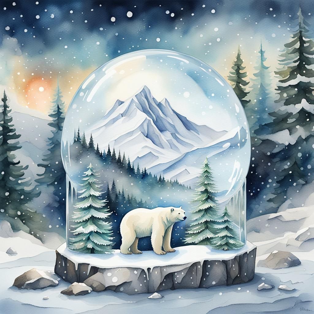Polar Bear Snow Globe in Watercolor Fantasy