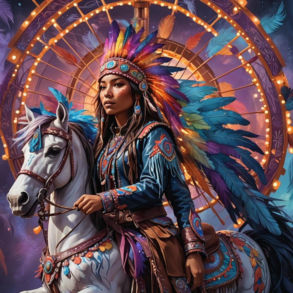 Native American Girl on Whimsical Carousel Horse