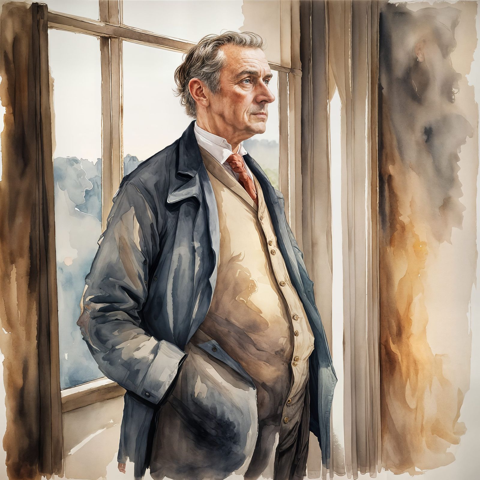 Contemplative Man in Watercolor, Anime Style