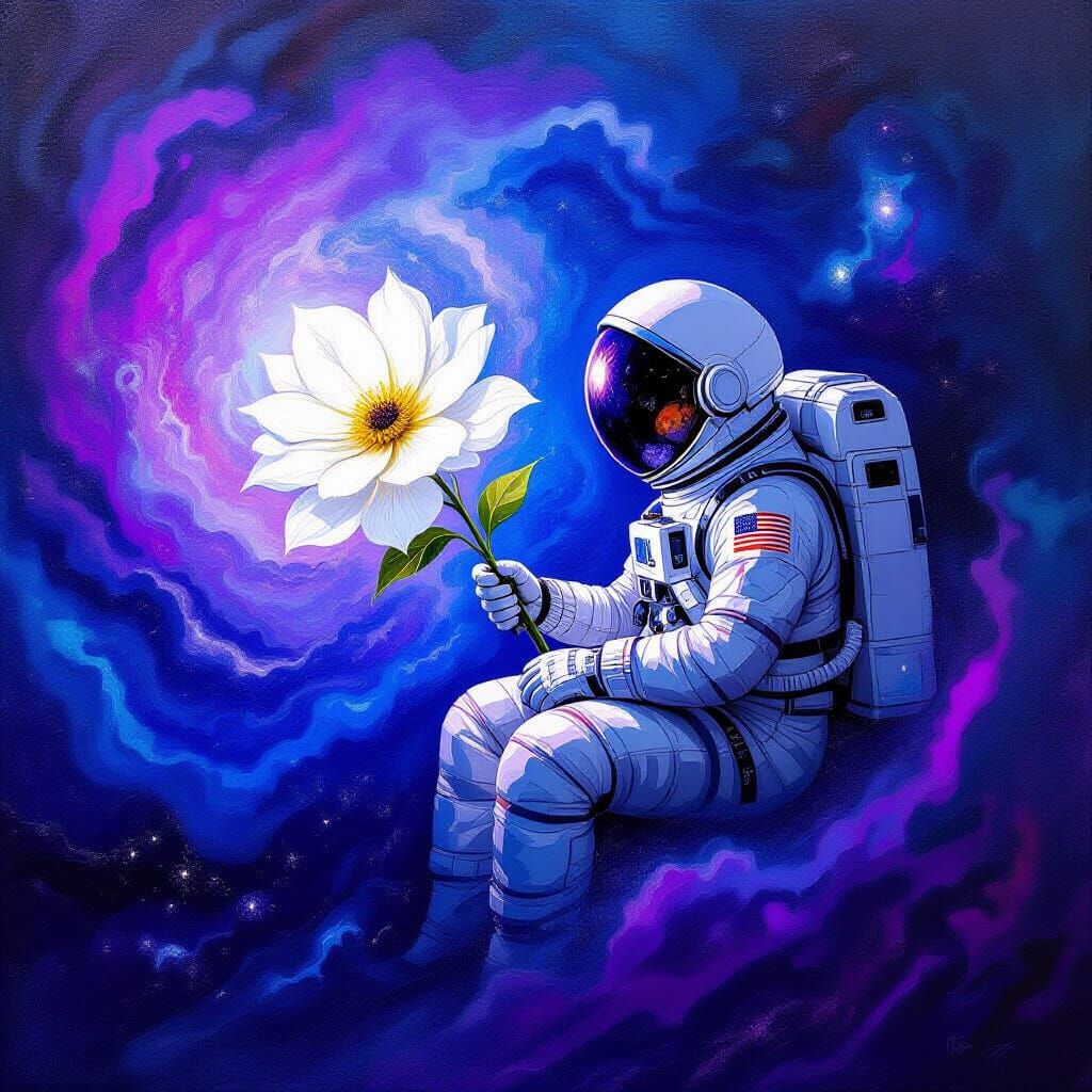Astronaut Adrift in Cosmic Nebula with Bioluminescent Flower