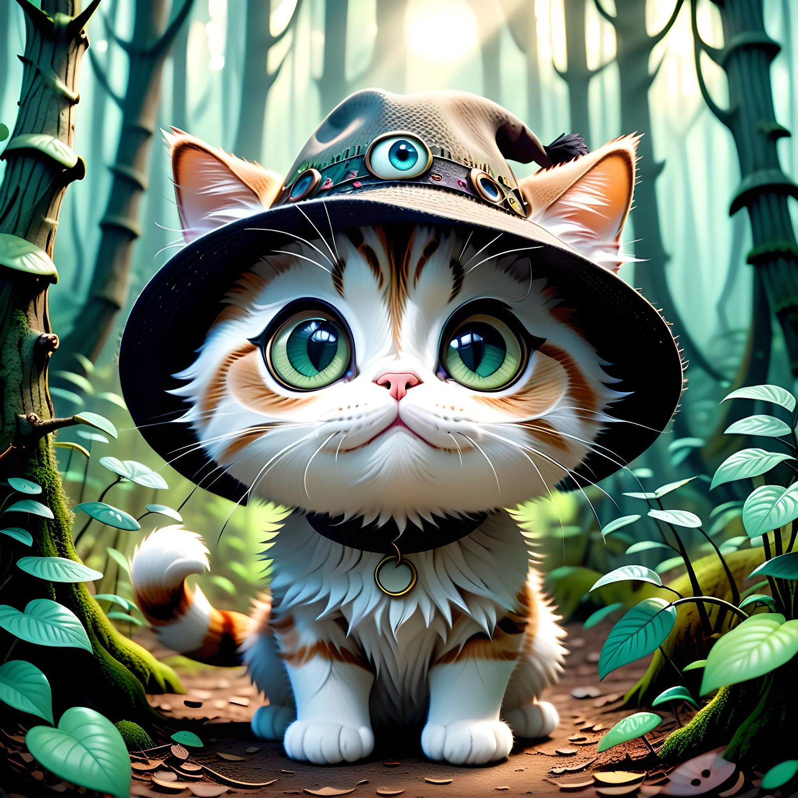 Adorable Cartoon Cat in Forest, Pixar Style