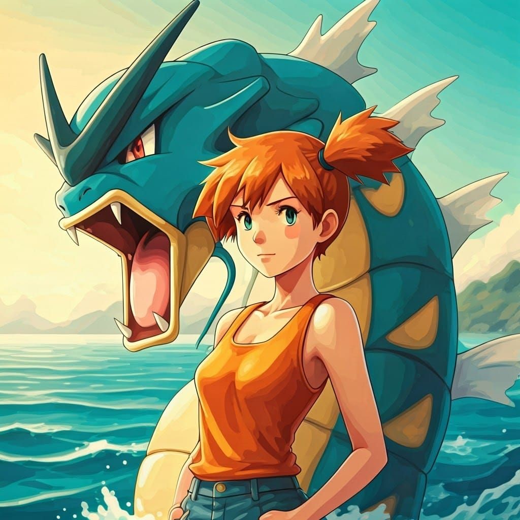 Misty Poses Confidently Beside Her Majestic Gyarados in Drea...