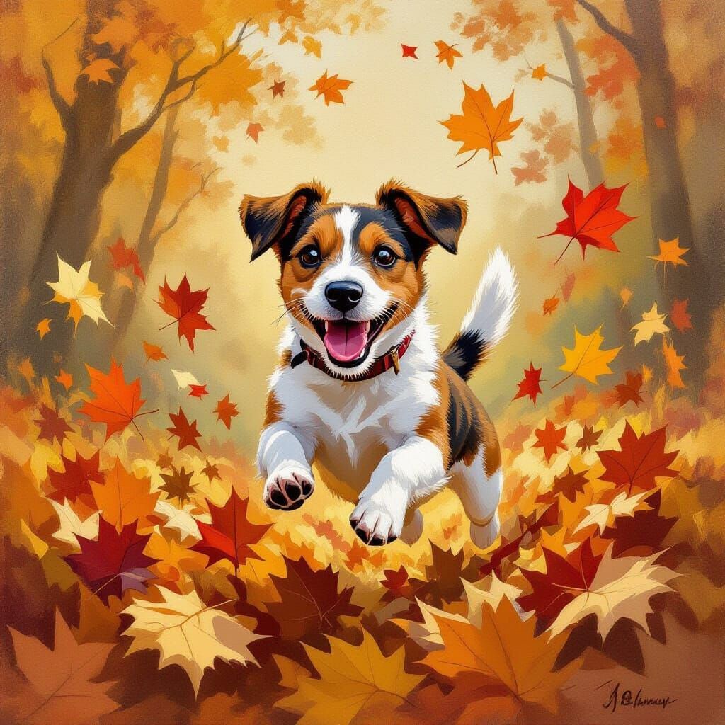 Jack Russell Terrier Joyfully Leaping in Autumn Leaves
