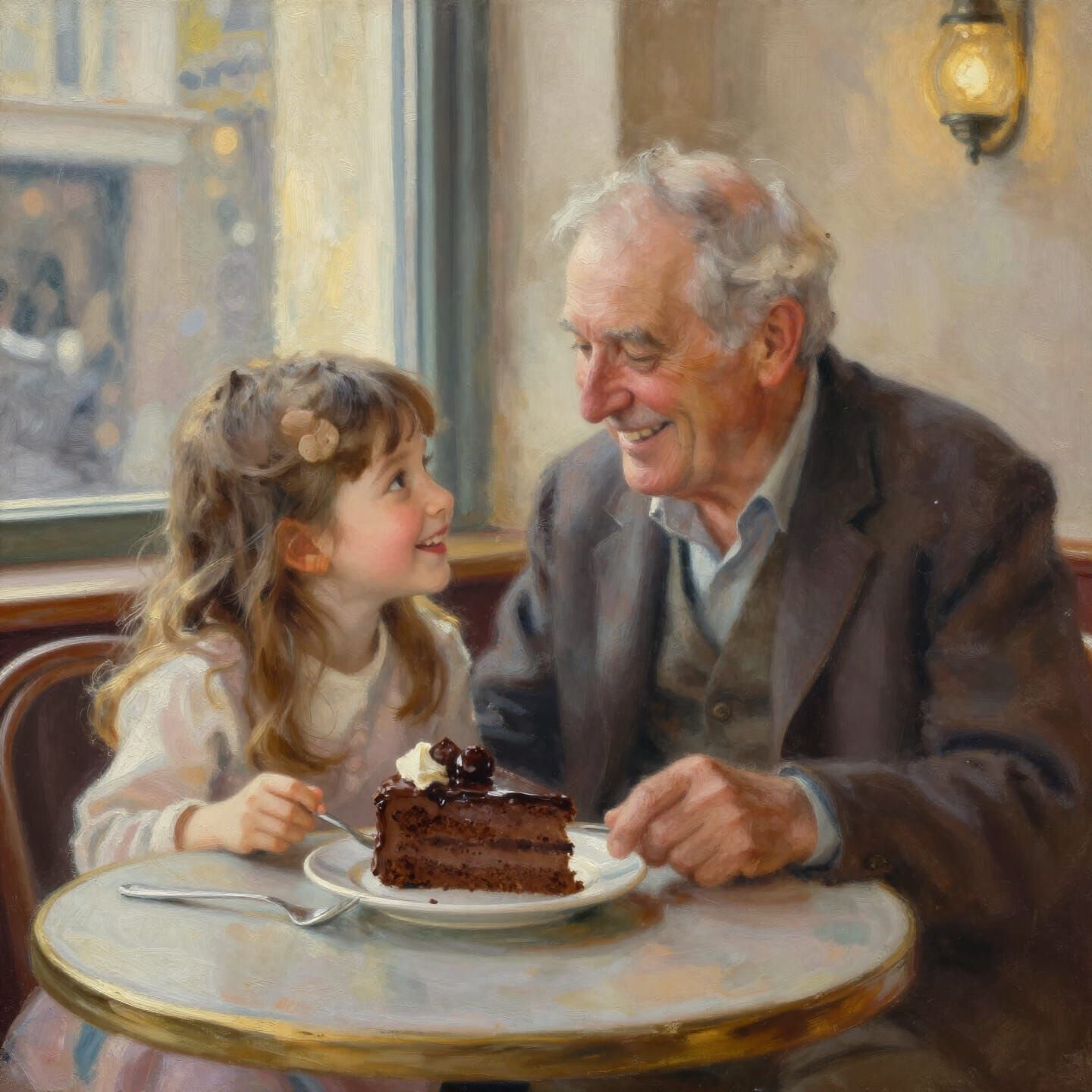 Grandfather and Granddaughter Share Cake in Cafe