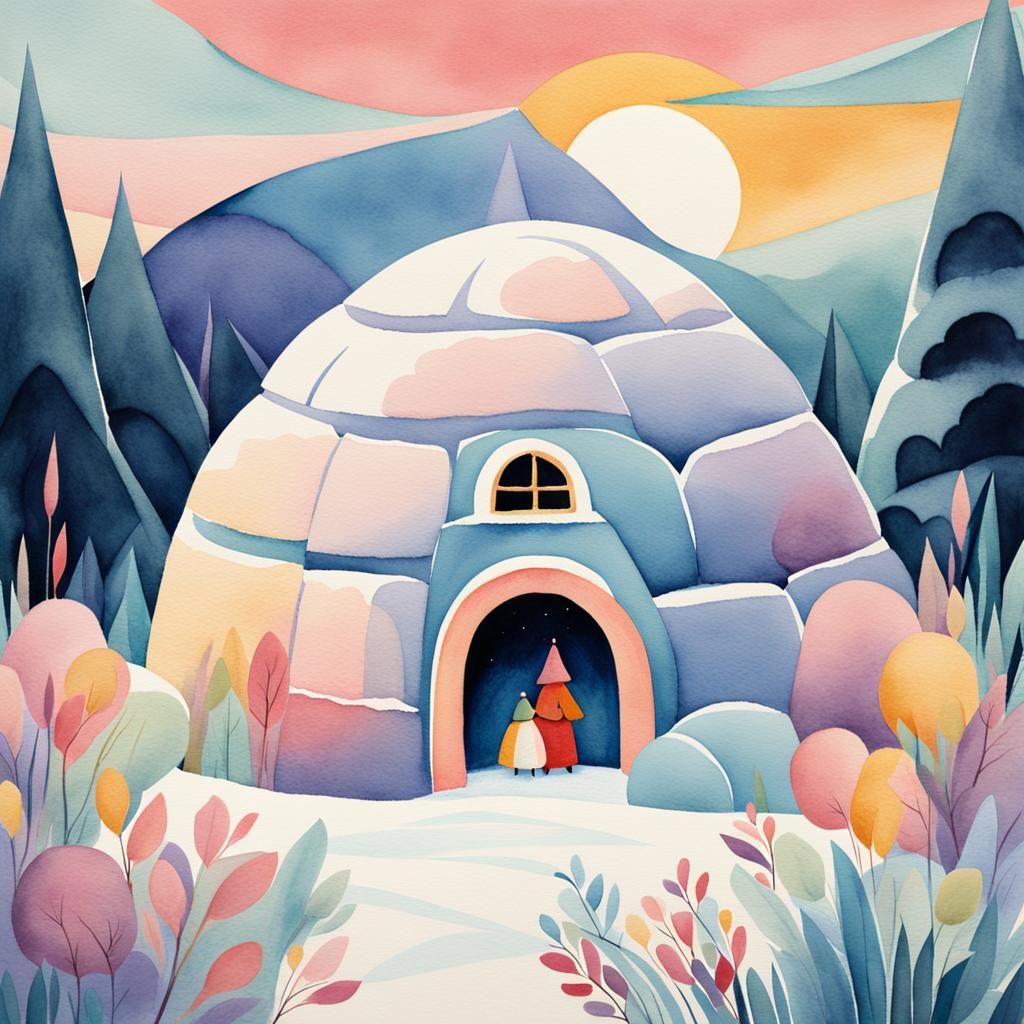 a watercolor painting depicting a whimsical iglu scene, inspired by the delicate strokes of Mary Blair, showcasing a har...