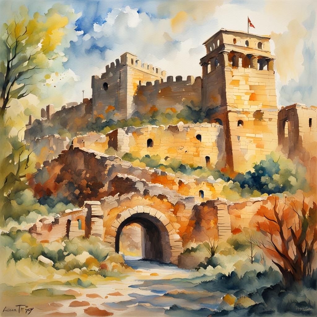 Ancient Troy Fortress in Gouache Watercolor Style