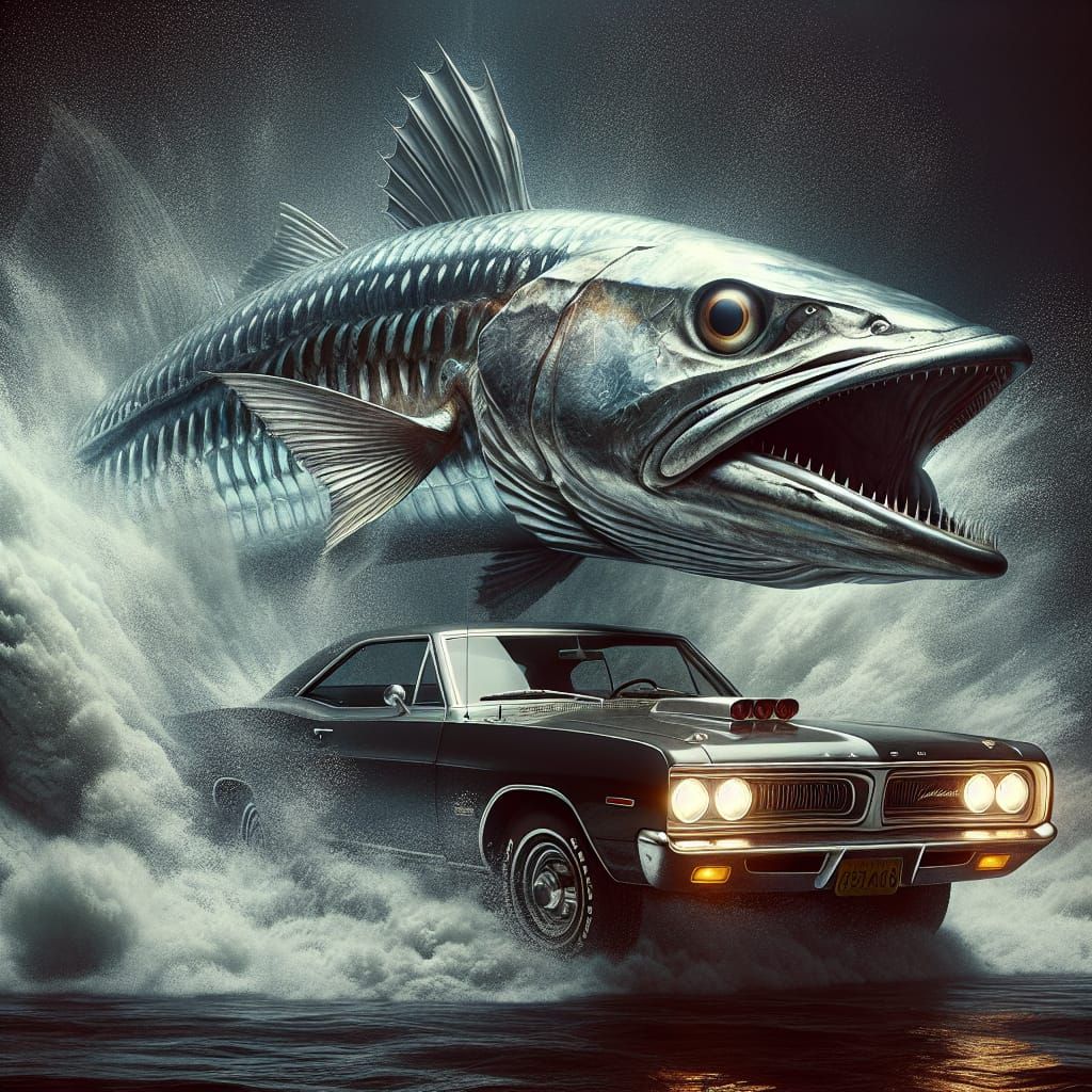 Surreal Barracuda Fish Perches on a Classic 1969 Plymouth Ba...