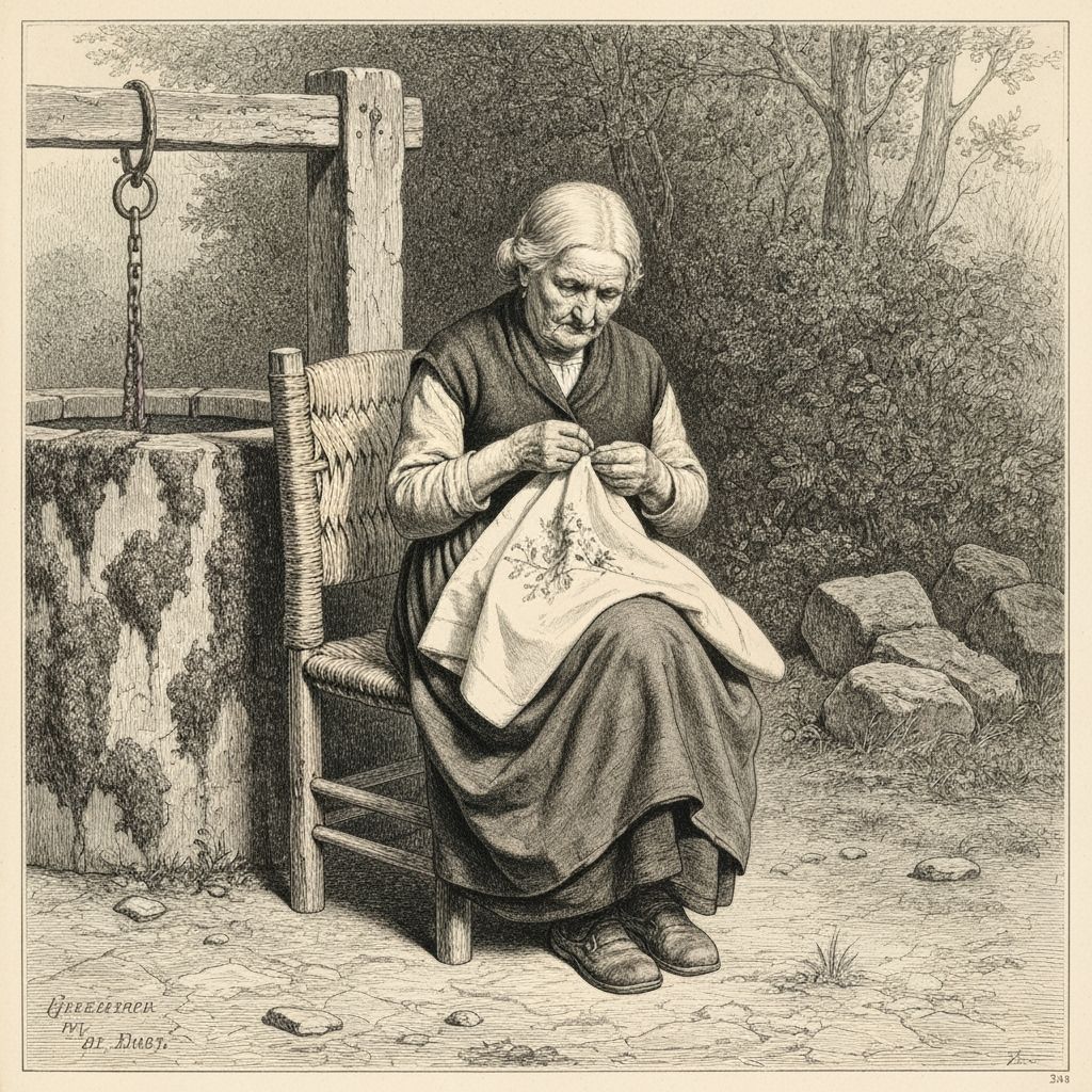 Elderly Woman Embroidering: Charcoal Drawing in Engraving St...