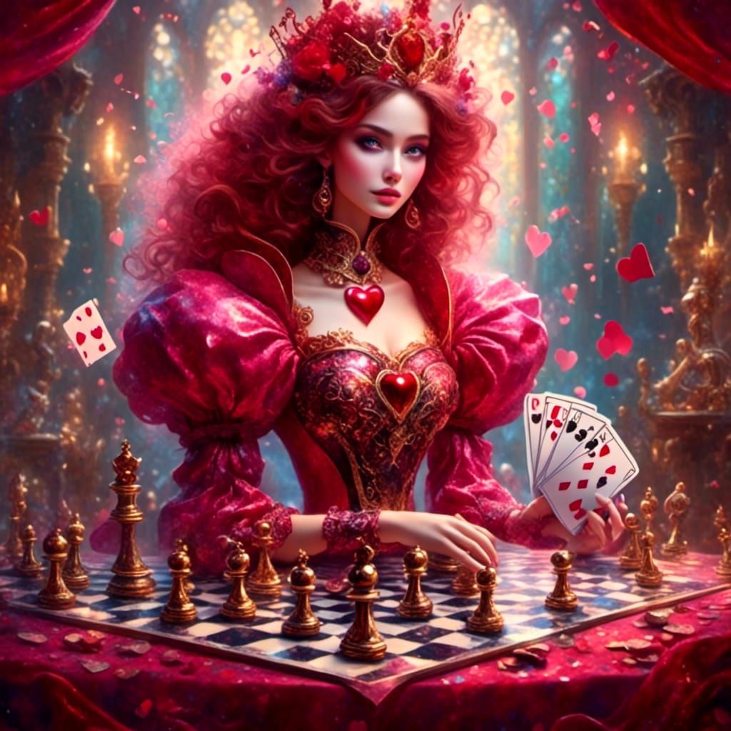 Queen of Hearts on Chessboard in Fantasy Style