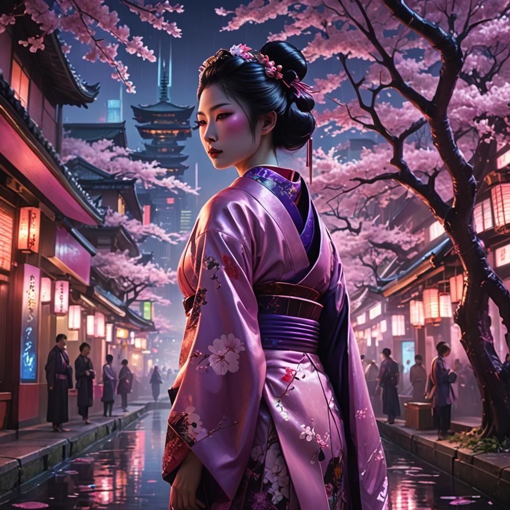 Geisha in Neon Cityscape: Hyperrealistic Concept Art