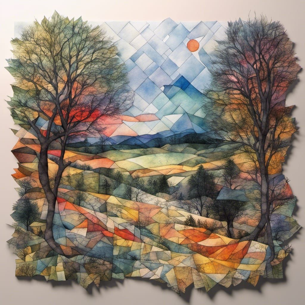 Colorful Sunset Landscape in Watercolor Patchwork Style