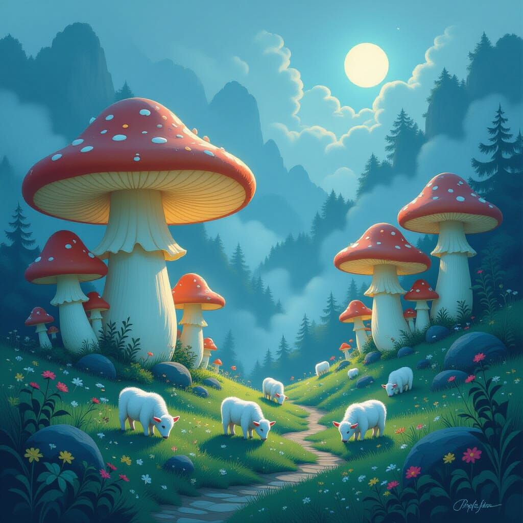 Bioluminescent Mushroom Village With Fluffy Calves