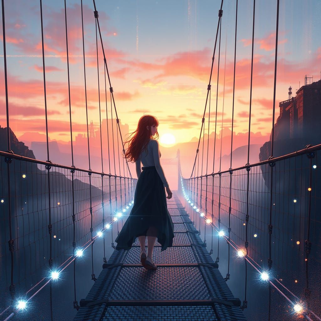 Vibrant Ginger Woman on a Misty Bridge in Cyberpunk Style