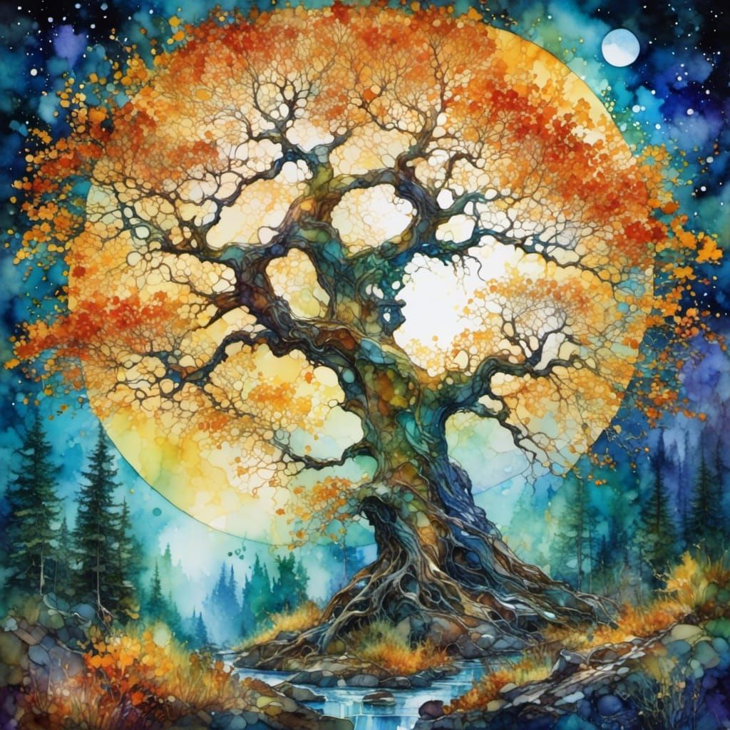 Ethereal Watercolor Landscape with Large Maple Tree