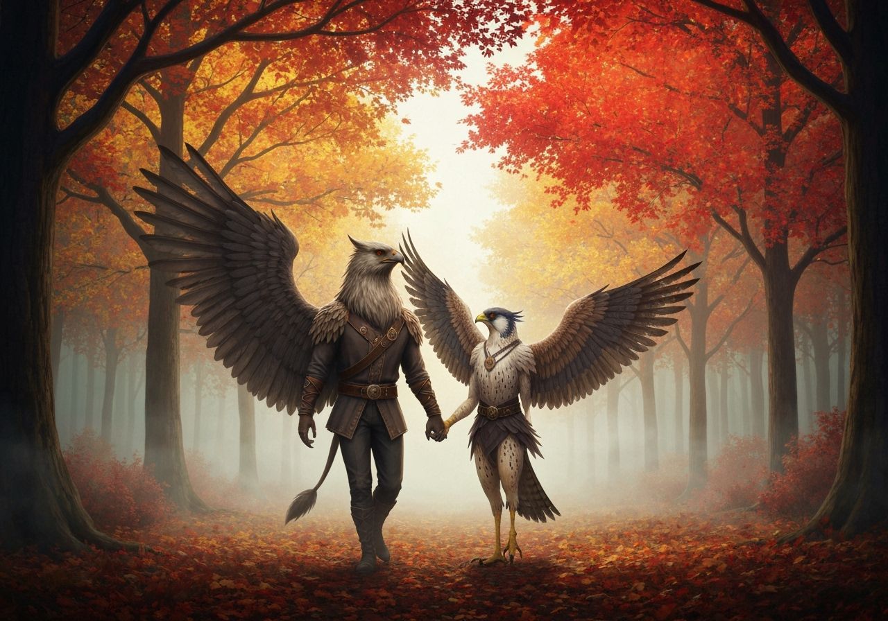 Griffin and Falcon Couple in Autumnal Forest