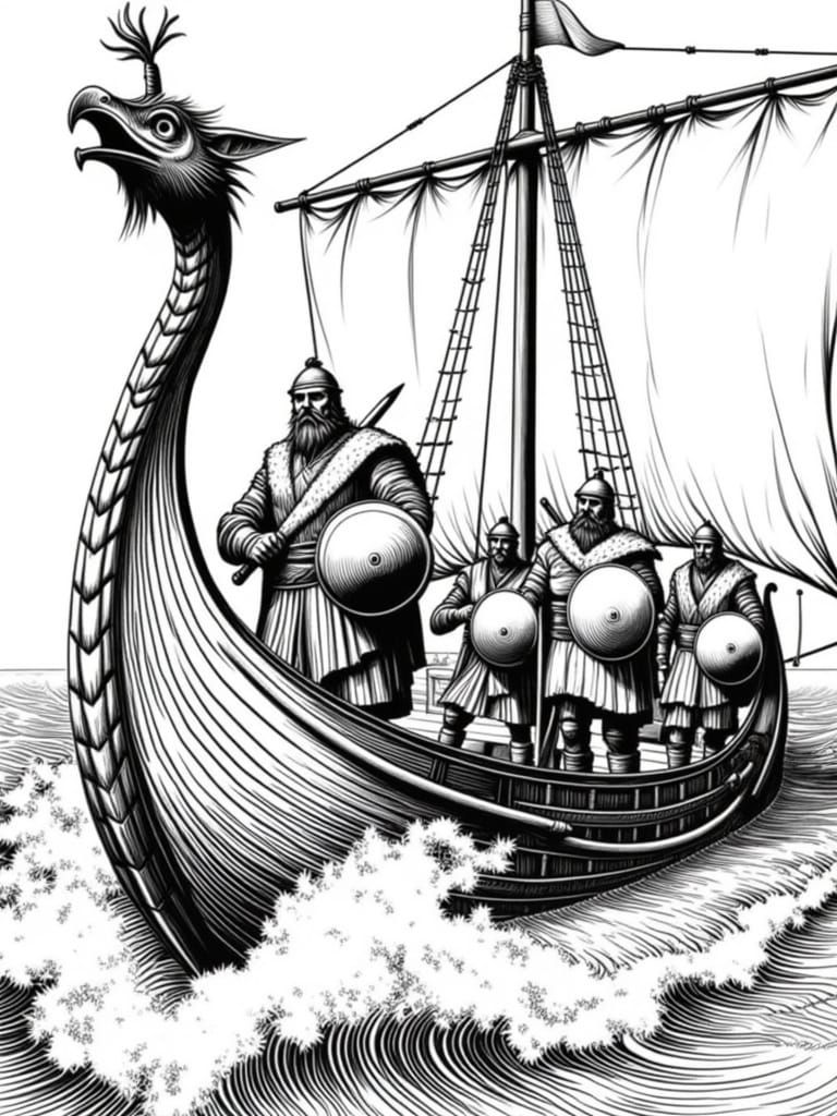 Viking Longship Battles the Sea in a Daring Pencil Drawing