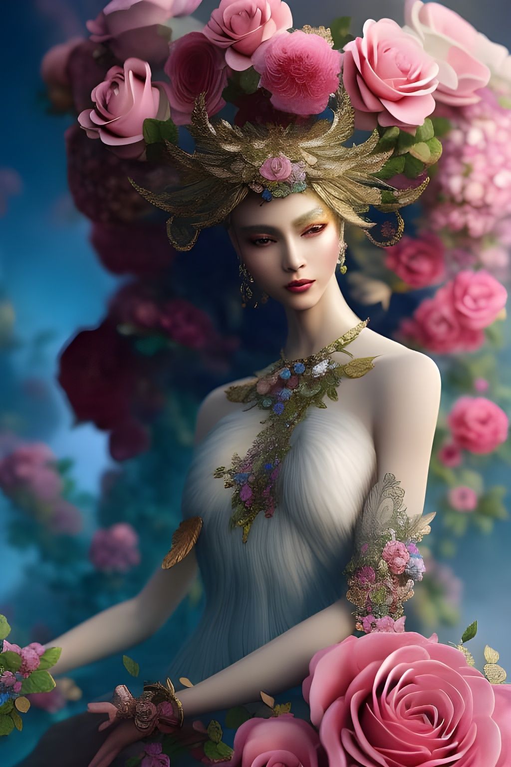 Elaborate Rose Angel in Hyperdetailed Digital Painting