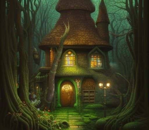 Magical Wizard's Hut in Swamp, Digital Oil Painting