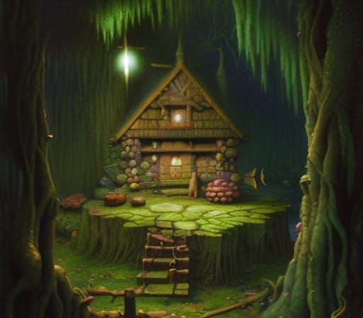 Magical Wizard's Hut in Swamp, Detailed Oil Painting