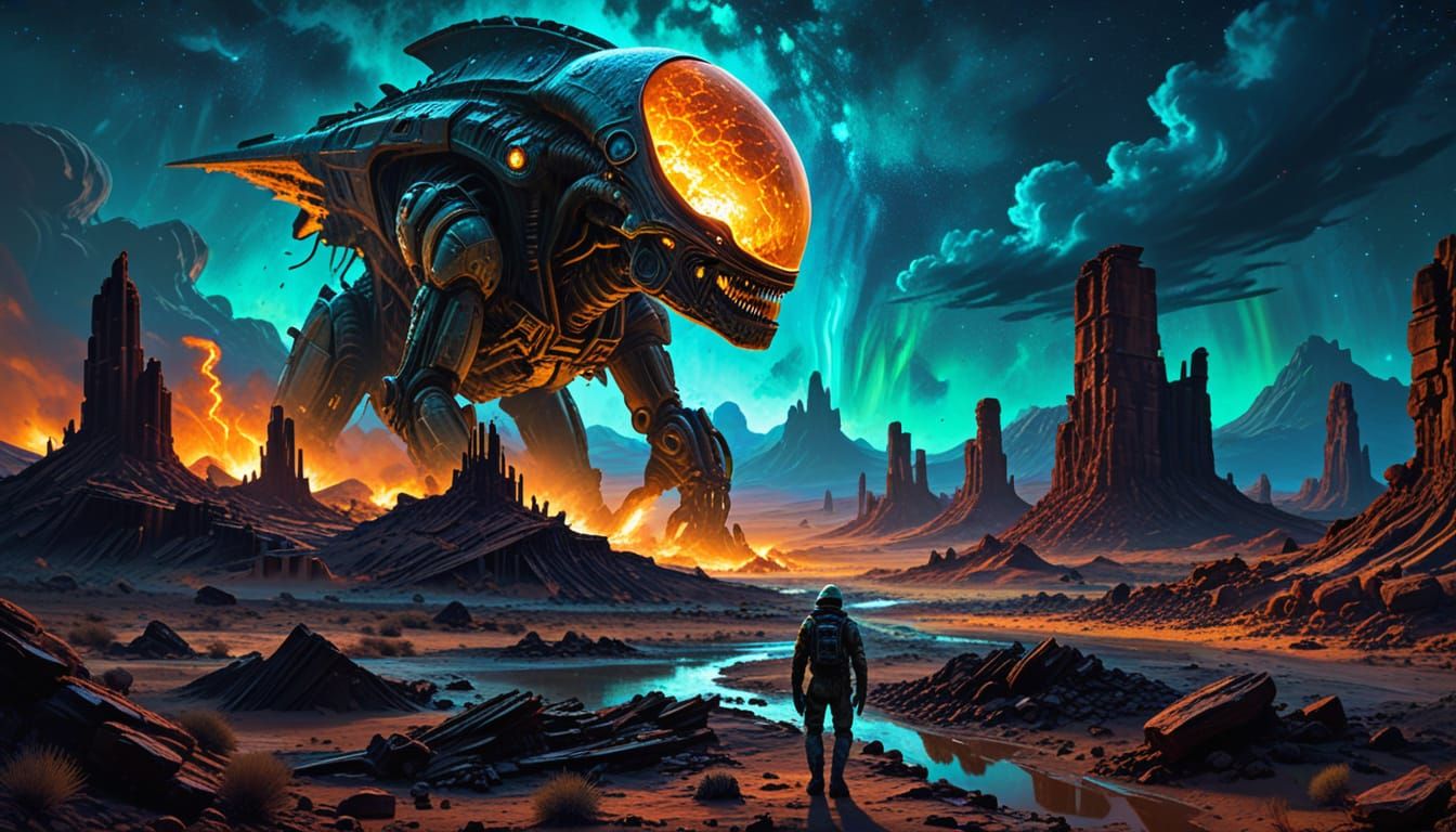 Explorer in Alien Desert Oil Painting