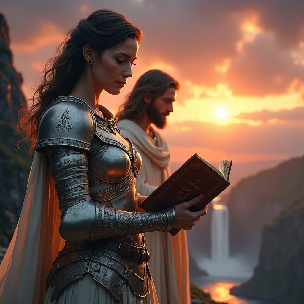 Warrior Woman and Jesus in Fantasy Landscape