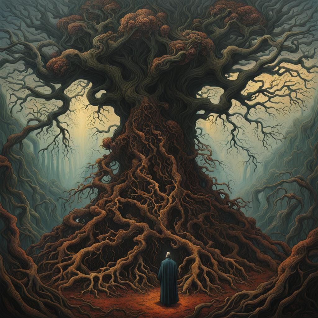 Plant Man Under Flesh Tree in Beksiński Style