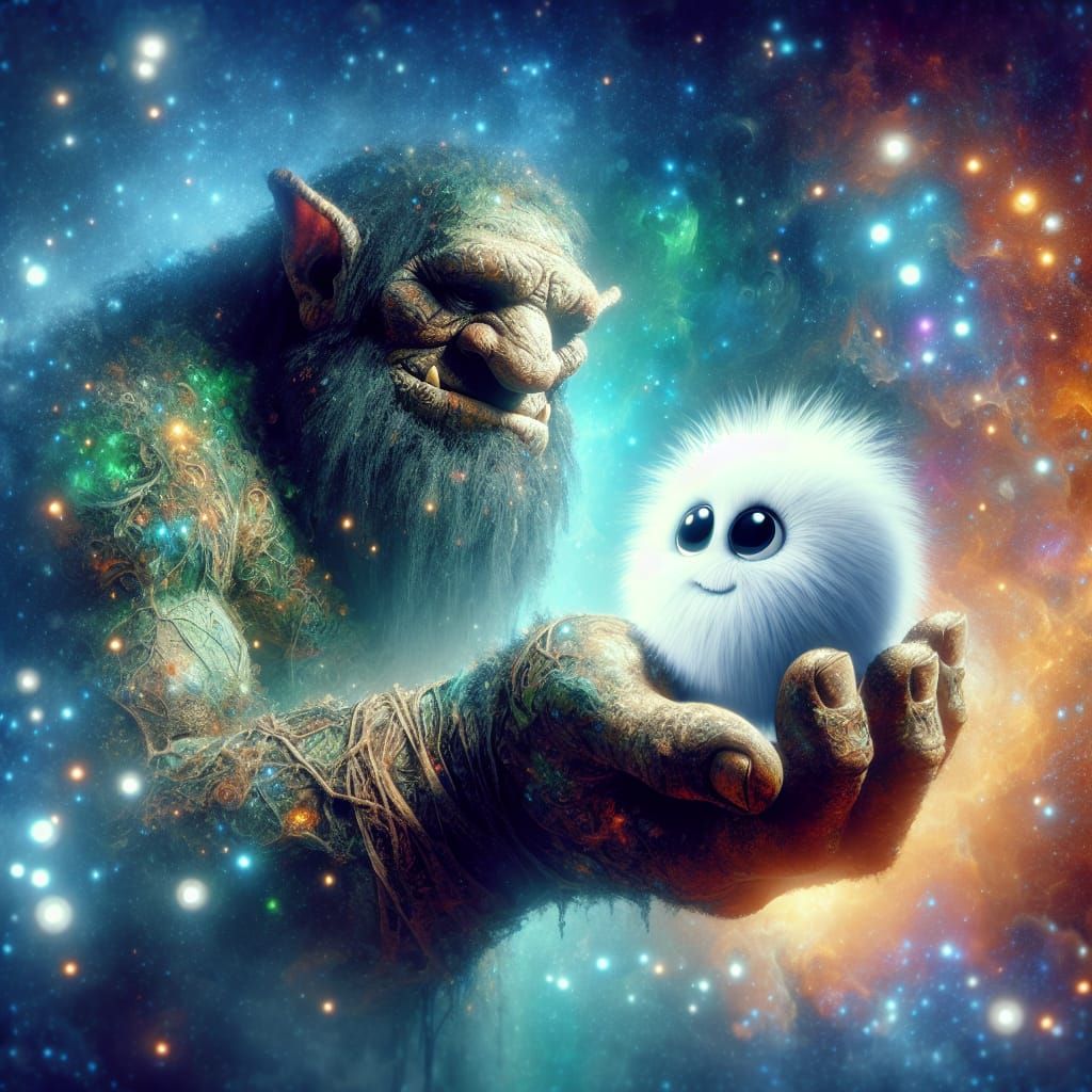 Giant Troll Cradling Mystical Cloud Creature