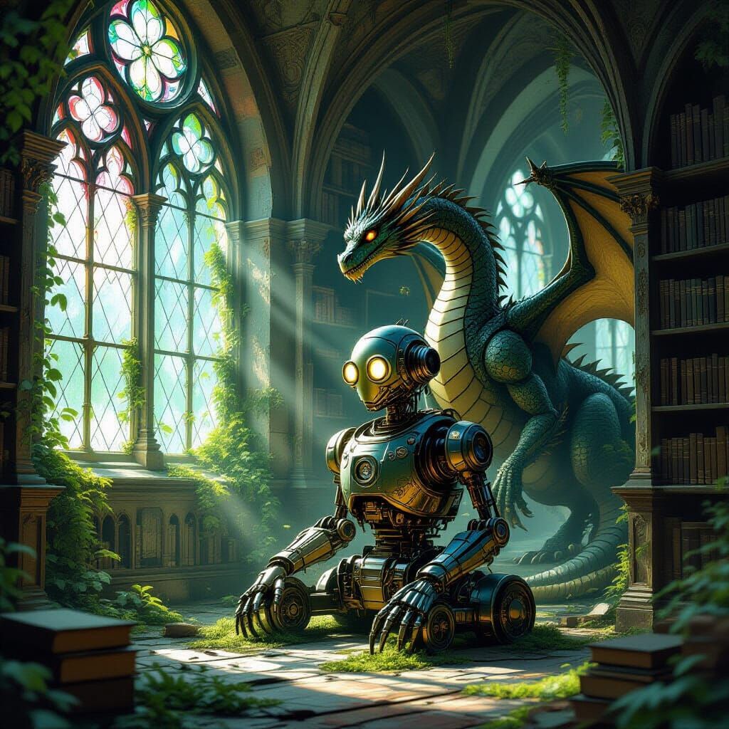 Mossy Automaton and Dragon in Overgrown Gothic Library