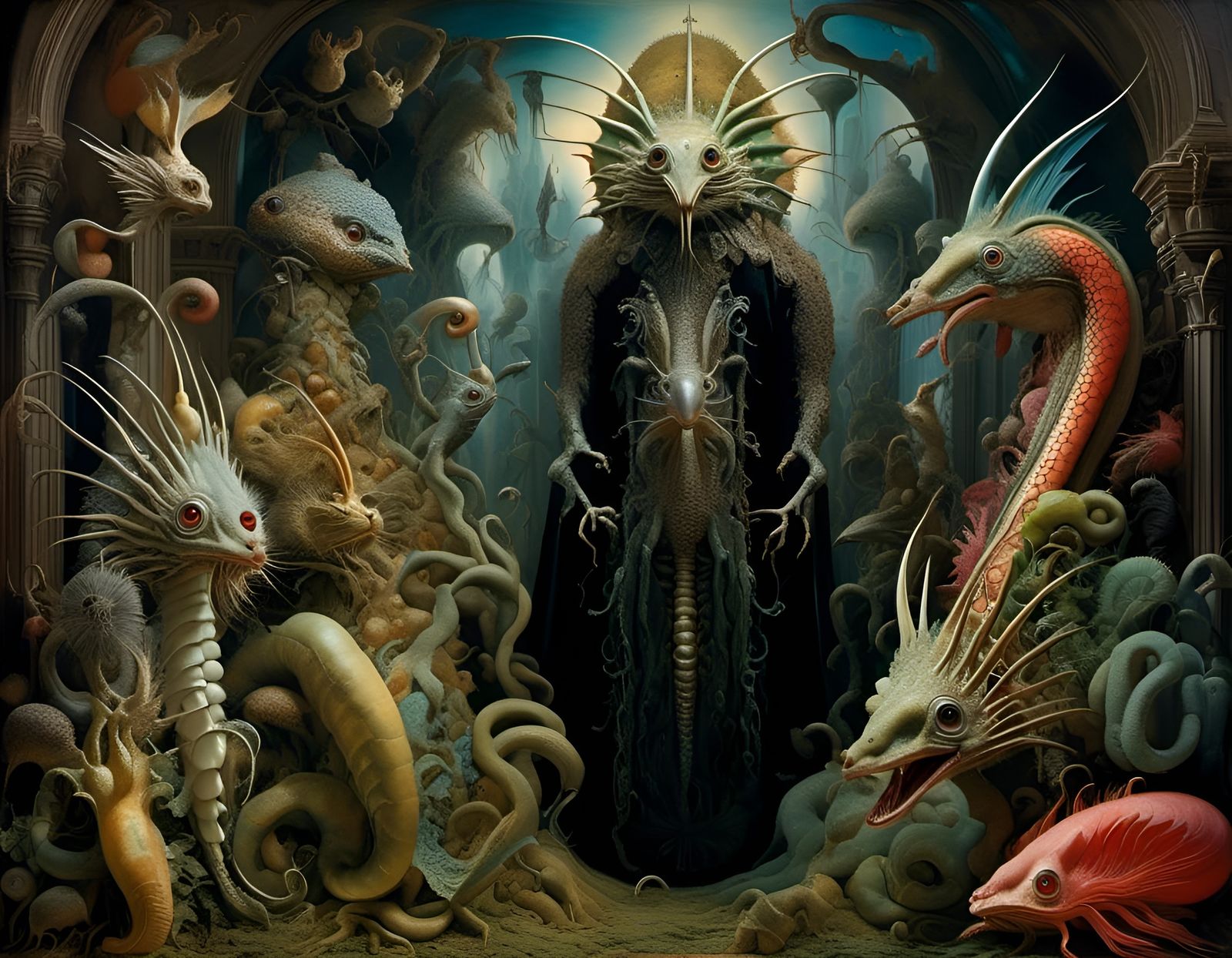 Multi-Headed Hydra in Surreal Art Nouveau Museum