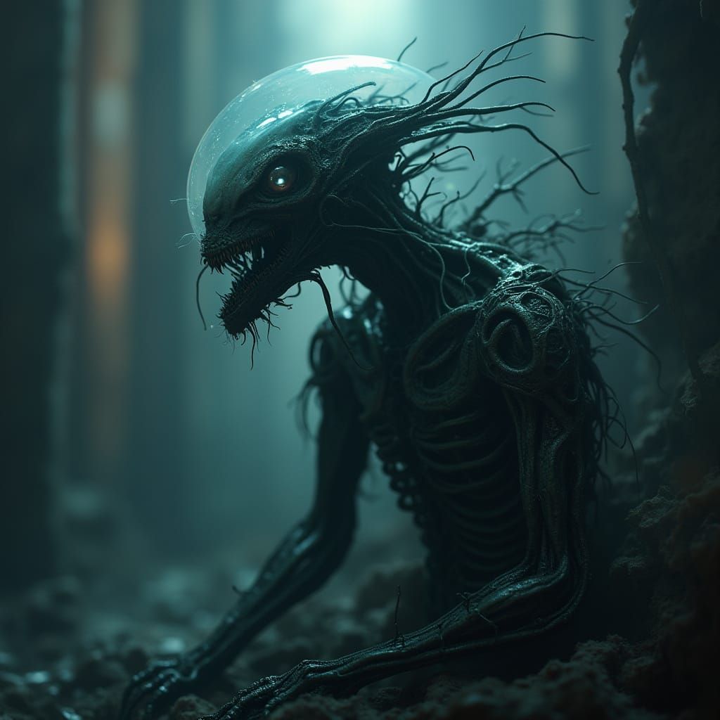 Dreamlike Biomechanical Creature in Neon Light