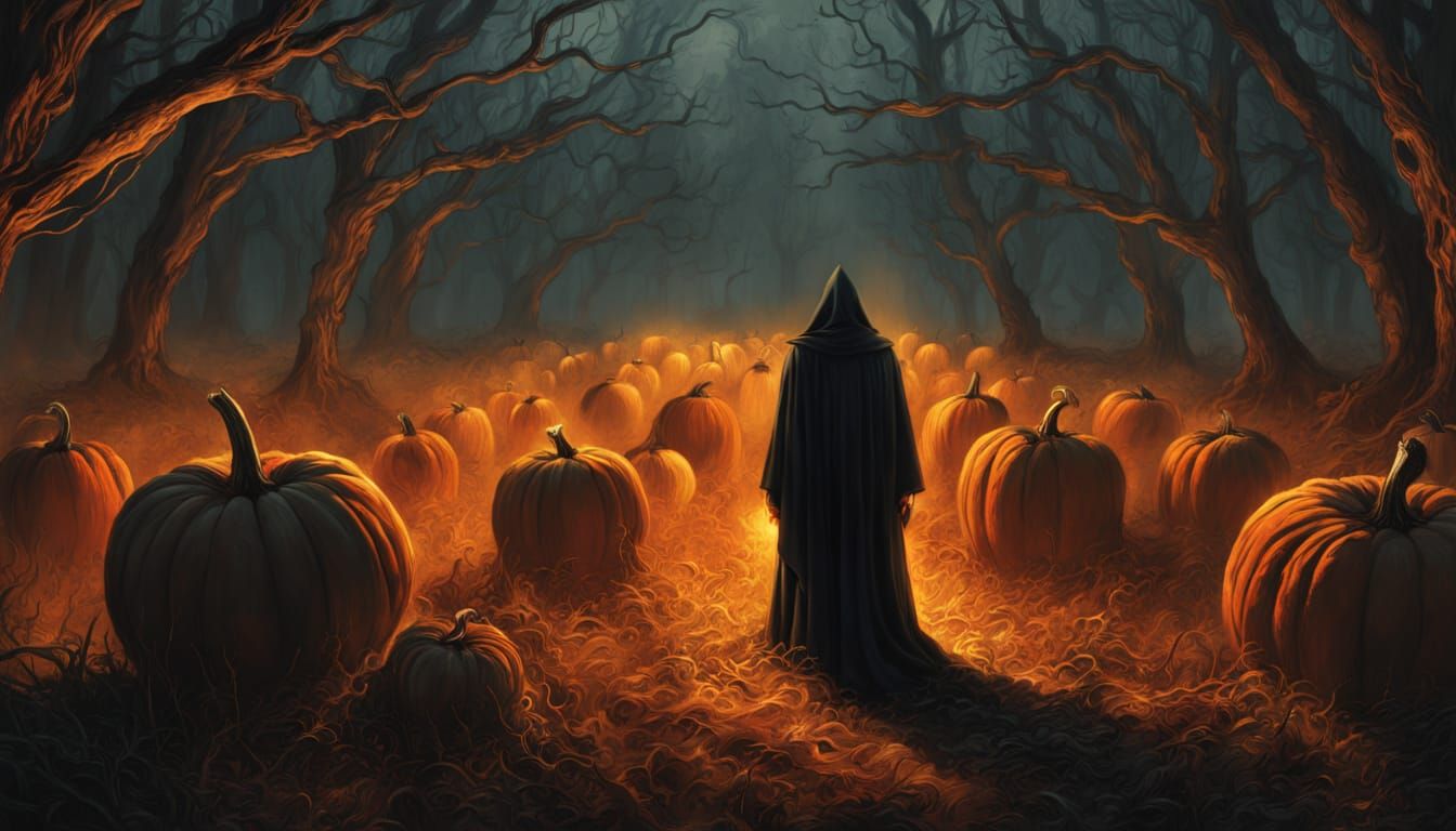 Shadowy Figure Harvests Glowing Pumpkins in Misty Field