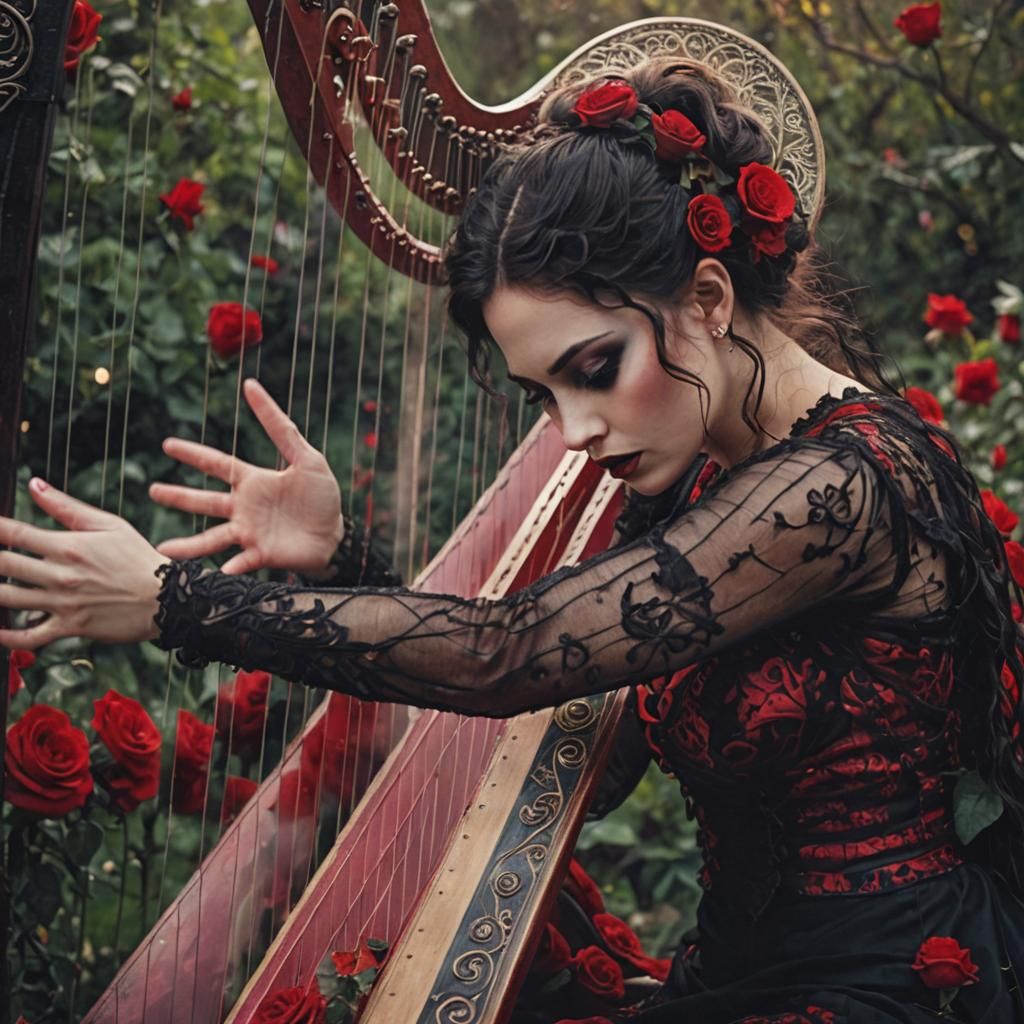 Gothic Fairy Harpist in Rose Garden