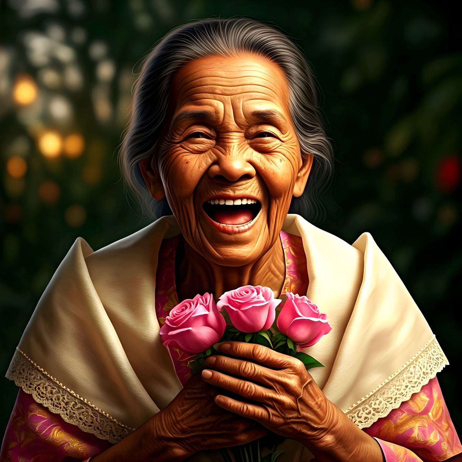 Joyful Elderly Filipino Woman with Pink Roses