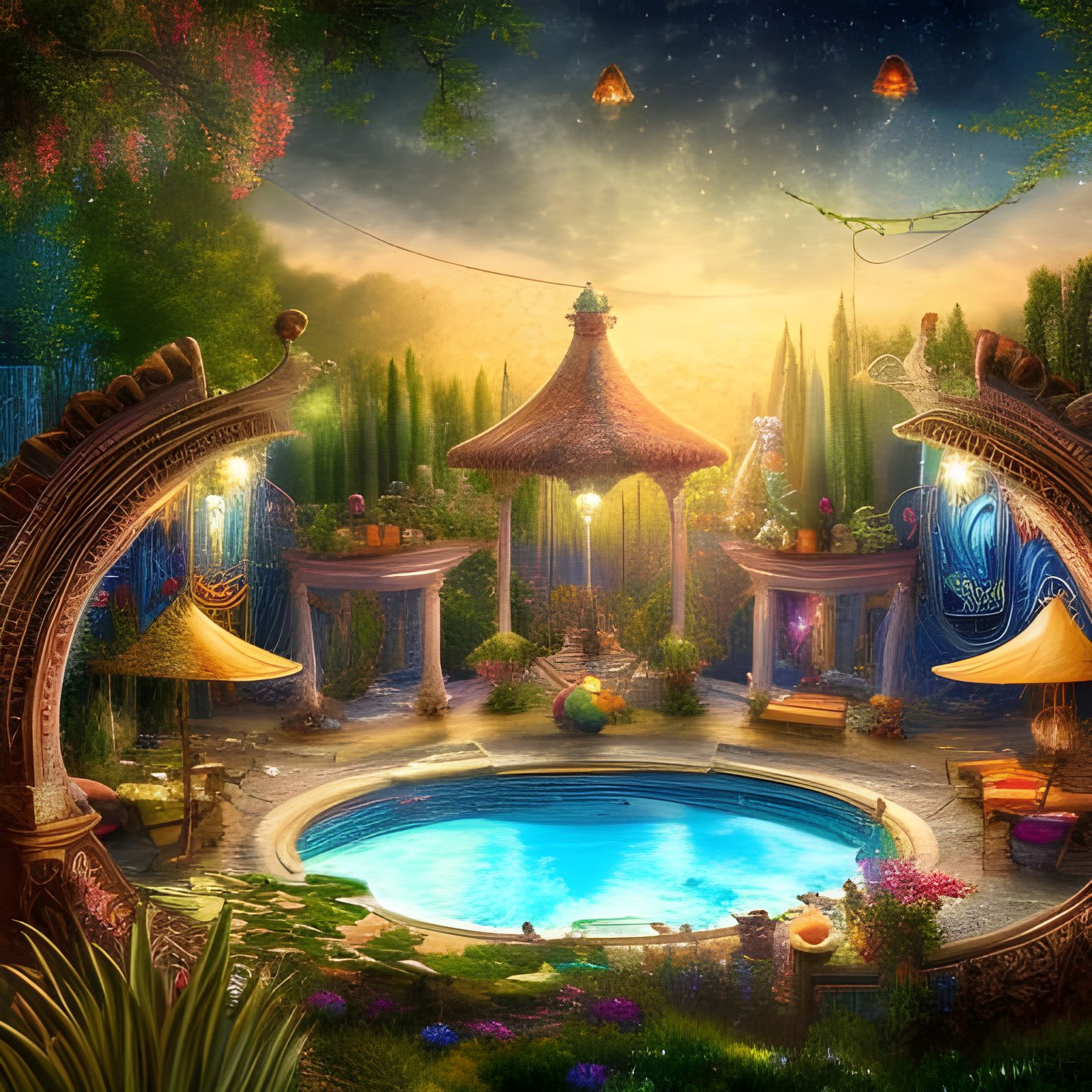 Enchanted Pool Scene in a Bottle Under Starry Night