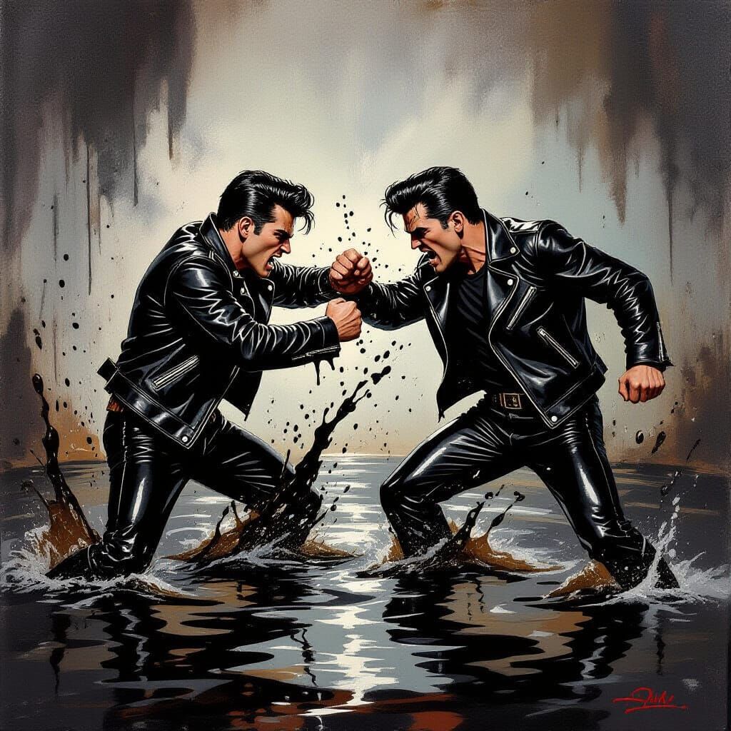 1950s Greasers Fighting in Black Oil Pit