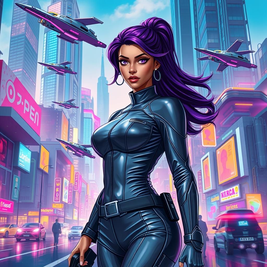 Violet haired policewoman in a futuristic city