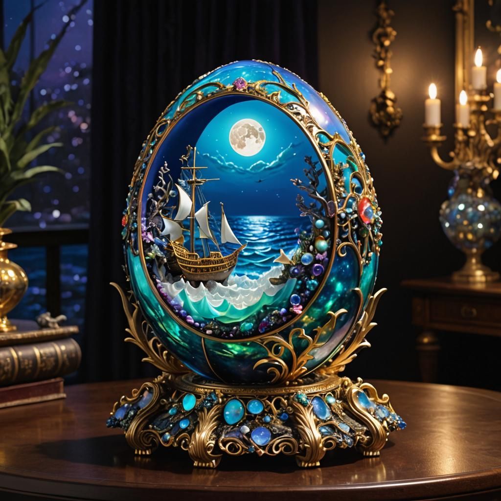 Mystical Ship Voyage in Opal Egg Sculpture