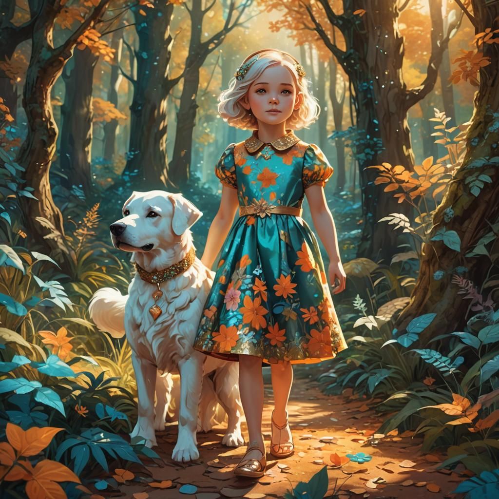 Girl and Giant Dog in Whimsical Forest