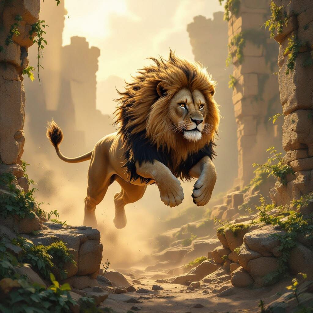 Majestic Lion Leaping Over Chasm in Dramatic Fantasy Art