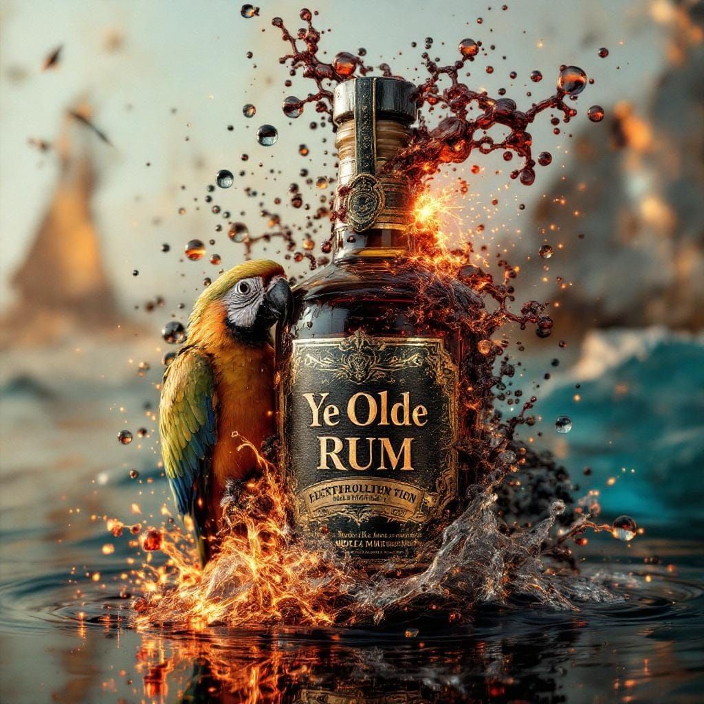 Ornate Rum Bottle with Parrot in Digital Collage Style