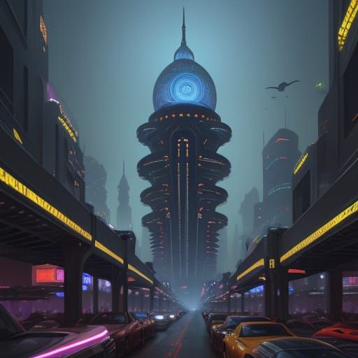 Arabian Futuristic Metropolis in Cyberpunk Style