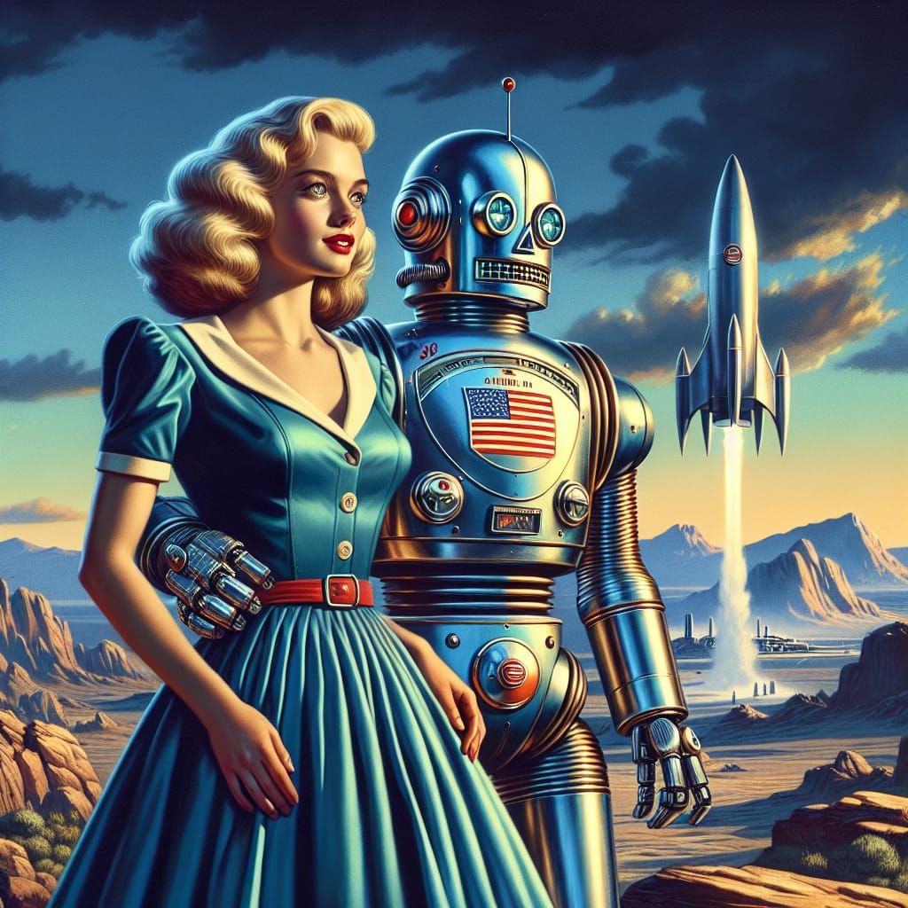 Retro Sci-Fi Scene with Robot Companion