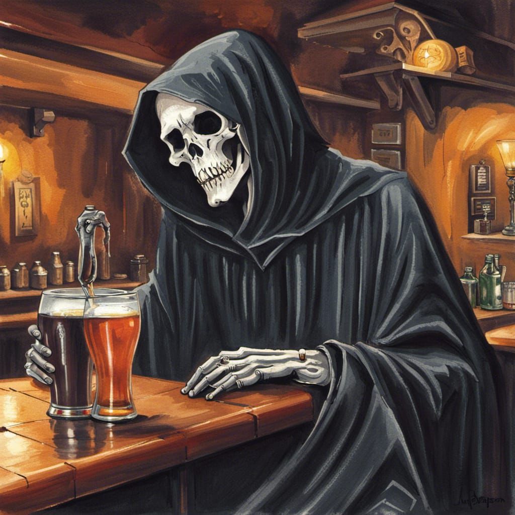 Grim Reaper Enjoys After-Work Drink
