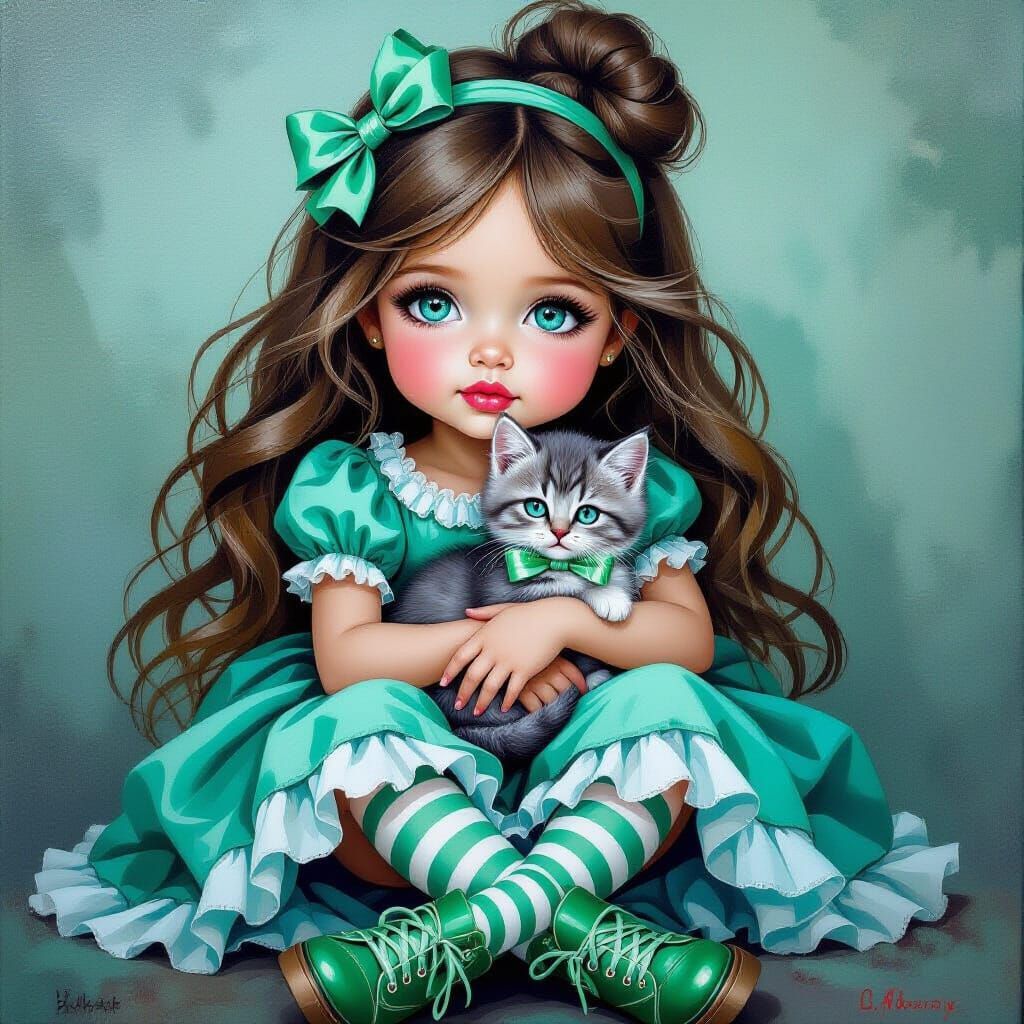 Adorable Child with Kitten, Glossy Oil Painting Style