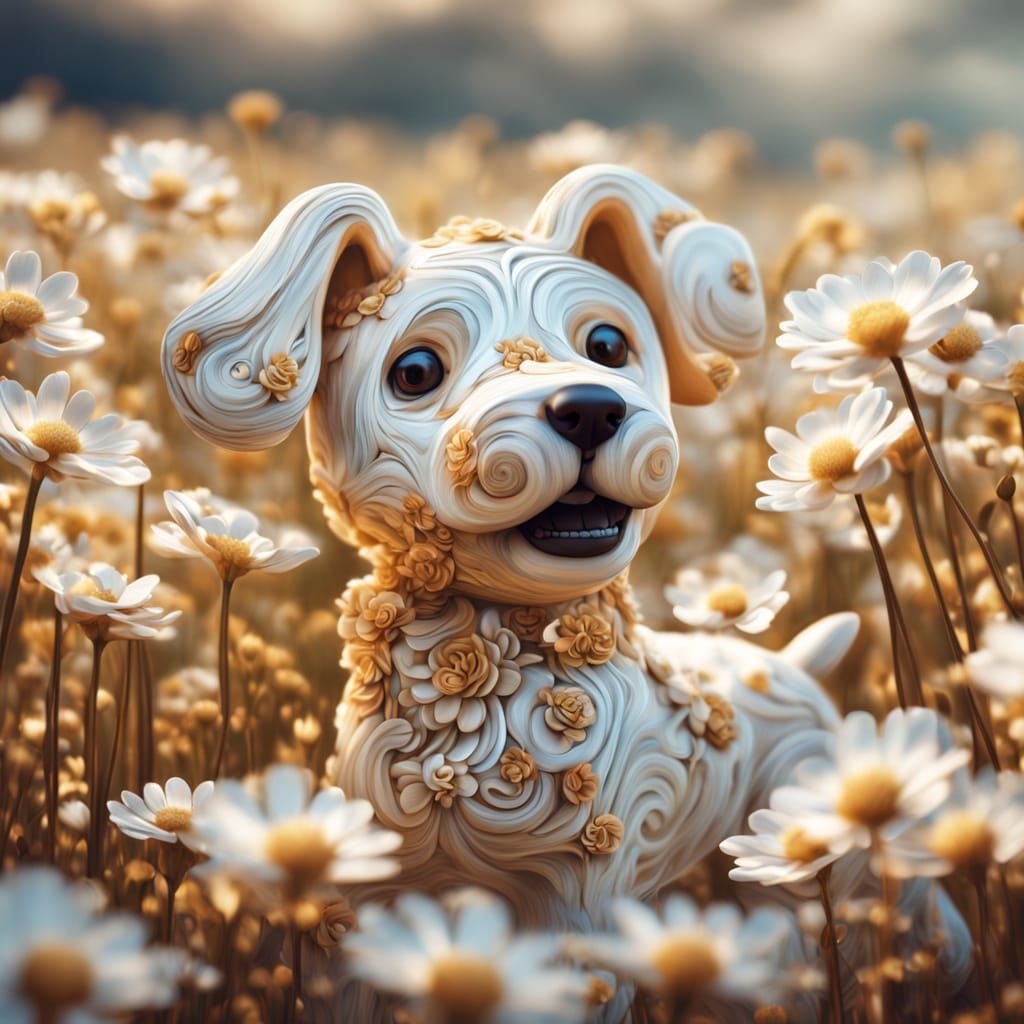 Surreal Wooden Dog in a Dreamlike Flower Field