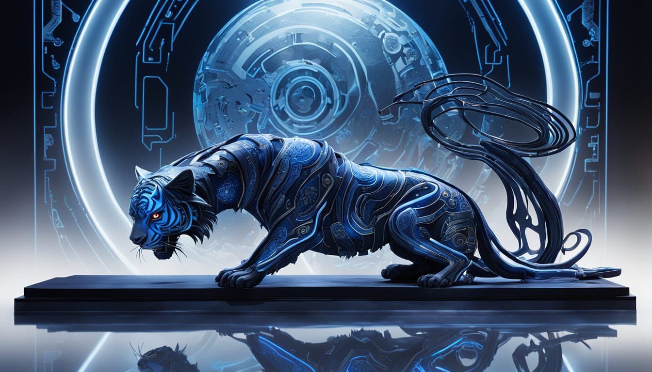 Neon Geisha and Cybernetic Tiger in Futuristic Japanese Lair