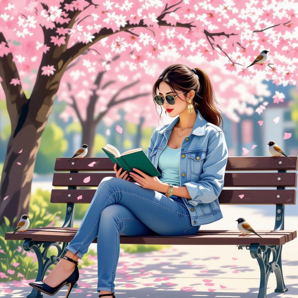Woman Reading Under Cherry Tree in Realistic Style