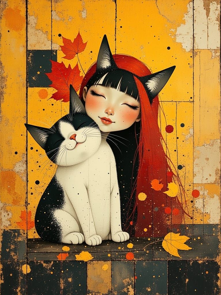 Autumn Fairy With Happy Cat Smiling in Oil Painting Style