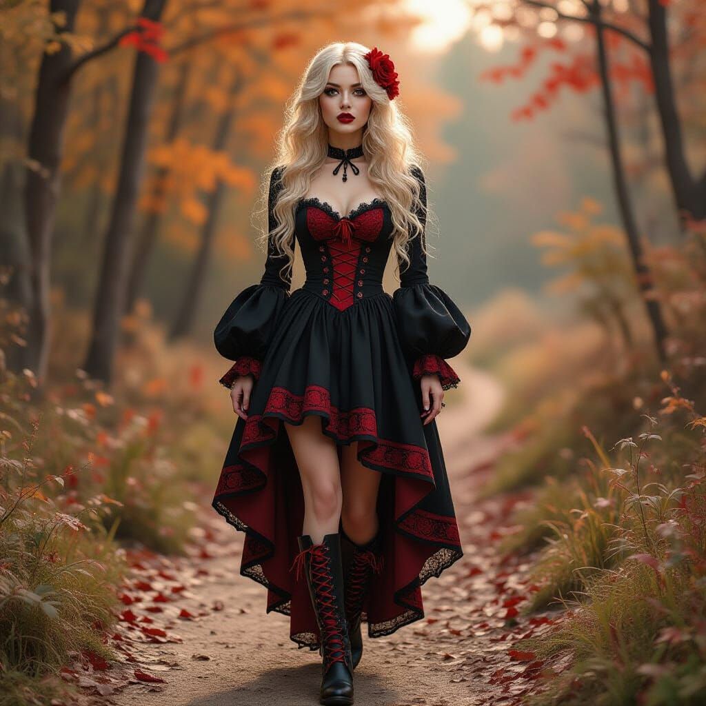 A gorgeous woman, gothic makeup, long blond rebellious curly...